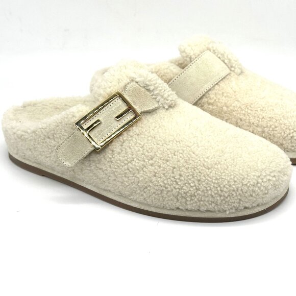 FENDI Feel FF Shearling  Buckled Sabots Mules Slides Flat Clog Sandals - Picture 11 of 16